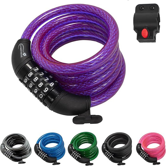 Lumintrail Combination Bike Lock Cable - 6ft Bike Locks Heavy Duty Anti Theft with Combinations - Bike Cable Lock Combination with Mounting Bracket (1 Pack, Purple)