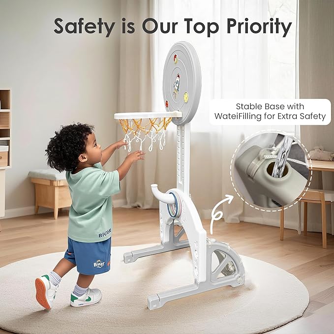 4-in-1 Toddler Basketball Hoop Adjustable Height Indoor Outdoor Sports Center for Kids Aged 1-3 Basketball, Soccer, Hockey & Ring Toss, Grey and White
