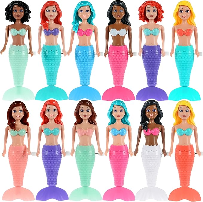 12-Pack Wind-Up Mermaid Bath Toys for Kids -Toddler Bath Toys for Kids Moving Tail Priness Doll Diverse Hair Colors & Styles Mermaids, Swimming Pool Party Favors