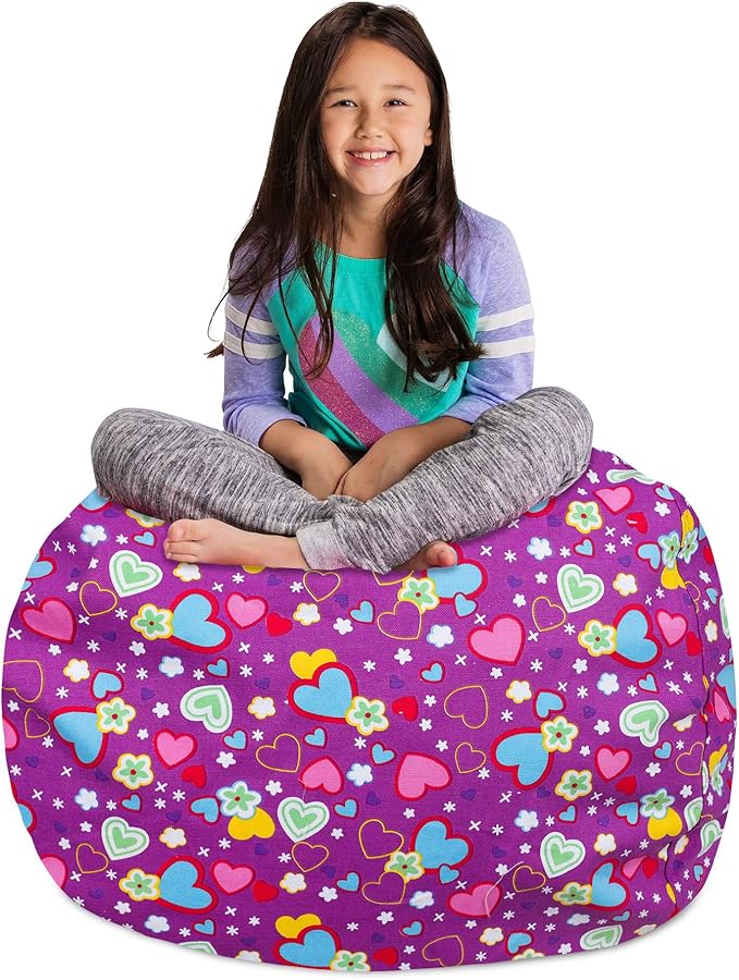 Posh Creations Stuffable Kids Stuffed Animal Storage Bean Bag Chair Cover - Childrens Toy Organizer, Large-38 - Canvas Multi-Colored Hearts on Purple