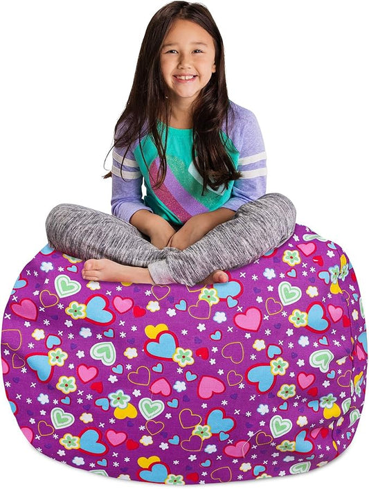 Posh Creations Stuffable Kids Stuffed Animal Storage Bean Bag Chair Cover - Childrens Toy Organizer, Large-38 - Canvas Multi-Colored Hearts on Purple