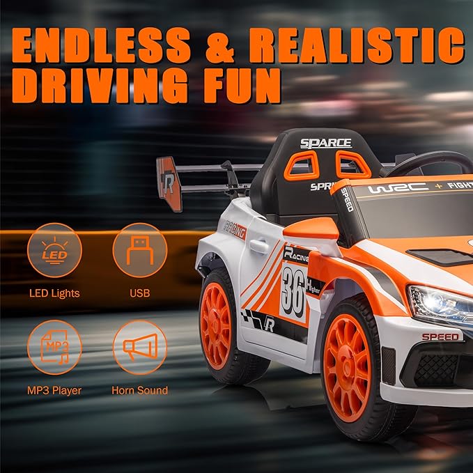 Kids Ride on Car with Parent Remote Control,12V Battery Powered Electric Vehicles for Kids Ages 3-8,Powerful Motor 3-Speed Sports Car Ride-on Toys w/Music,LED Lights,Suspension System (Orange)