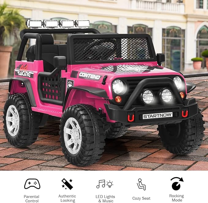 Costzon 2-Seater Ride on Truck, 12V Battery Powered Electric Vehicle w/Remote Control, 2 Speeds, Spring Suspension, LED Light, Horn, Music/ MP3, 2 Doors Open, Ride on Car for Kids (Pink)