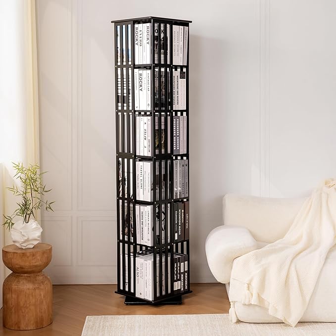 YOWOS Rotating Bookshelf Tower, 360 Display Spinning Bookcase, Bamboo Bookshelf Floor Standing Storage Rack, Wood Narrow Book Shelf Organizer for Kids&Adults (Black, 6 Tier)