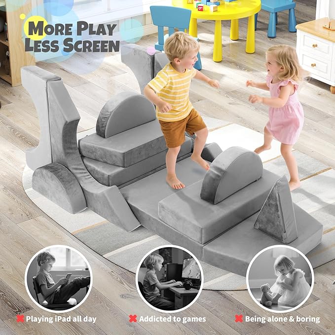 15 Pcs Modular Kids Play Couch, Toddler Couches That Fold Out, Plush Foam Chair for Children’s Playroom, Velvet Fabric Convertible Foam and Floor Cushion for Boys and Girls (Gray,27)