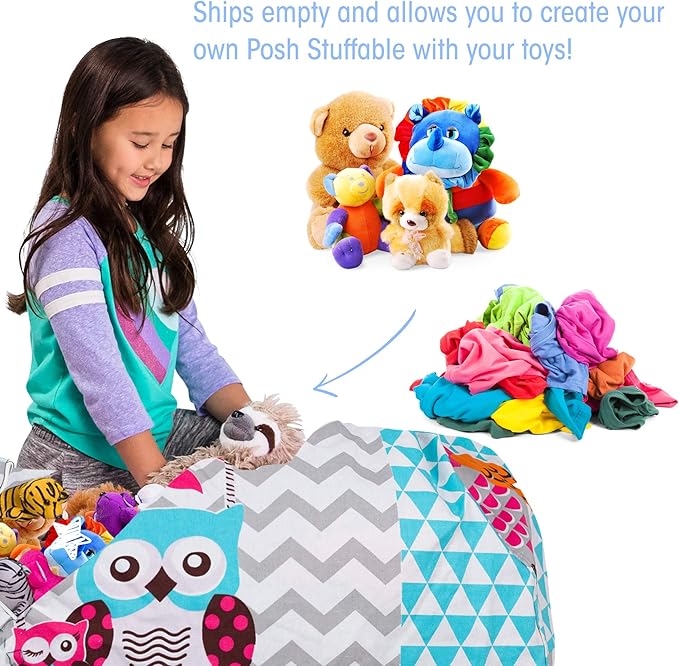 Posh Stuffable Kids Stuffed Animal Storage Bean Bag Chair Cover - Childrens Toy Organizer, X-Large-48 - Canvas Owls White and Blue