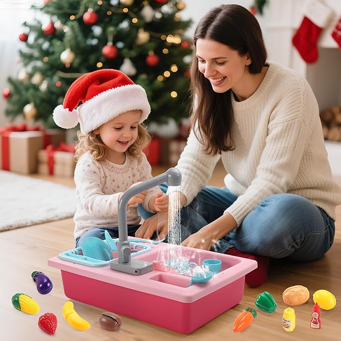 CUTE STONE Color Changing Play Kitchen Sink Toys, Children Electric Dishwasher Playing Toy with Running Water,Upgraded Real Faucet and Play Dishes,Pretend Role Play Toys for Kids Boys Girls