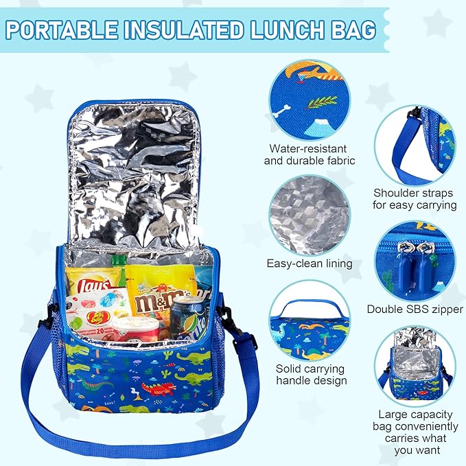 Bento Lunch Box for Kids with 17oz Soup Thermo,Insulated Tumbler Water Bottle and Insulated Lunch Bag,Leak-Proof 3 Compartment Lunch Food Container with Ice Pack for Kids to School-Dinosaur
