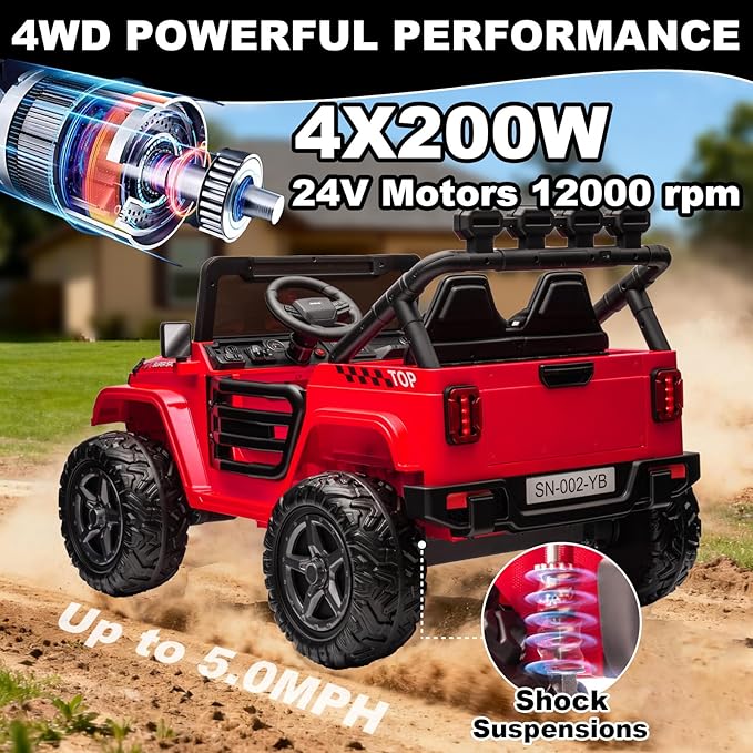 NEWQIDA 24V 2 Seater Ride on Truck Car with Remote Control 24V Ride on Toys for Big Kids Electric Vehicles 4x4 Off-Road Style, EVA Tires, 4x200W Motors, Spring Suspension, Soft Braking, Music, Red