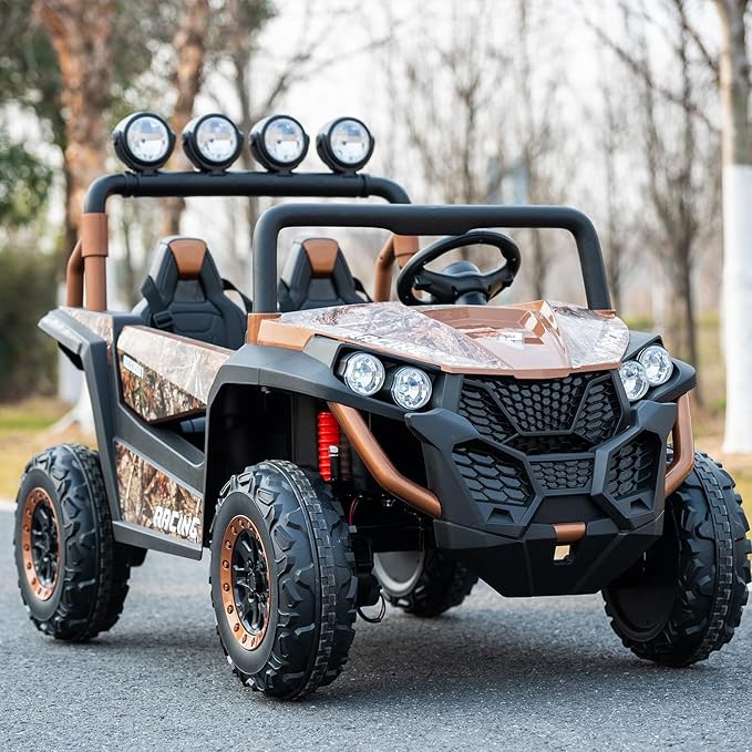 24V 2-Seater Kids Ride-On UTV, 4WD Electric Car with Parent Remote Control, 4x200W Motor, LED Headlights & Searchlights, Bluetooth Music, Spring Suspension, 3-Speed Off-Road Toy Gift, Copper