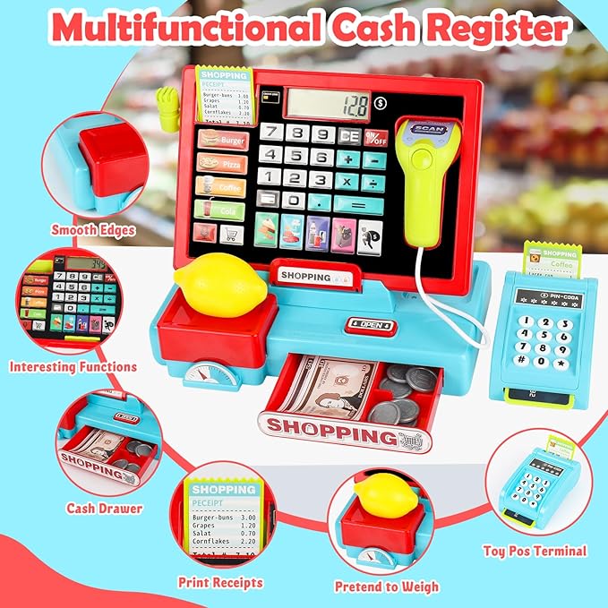 70Pcs Toy Cash Register for Kids Ages 4-8 with Scanner & Shopping Cart, Pretend Play Cash Register Playset for Girls Boys Toddler Grocery Store Set Christmas Girls for 3+ 4 5 6 7 8 Year Old