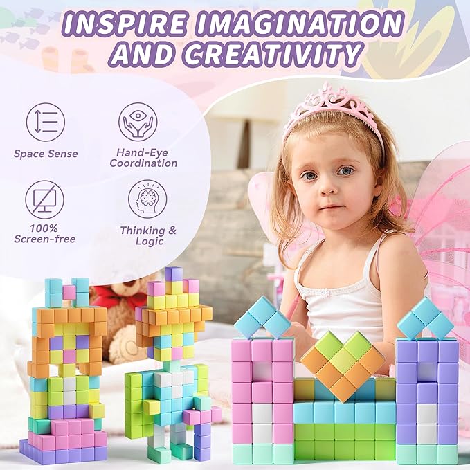 116PCS Magnetic Blocks with Magnet Eyes Toy, Magnetic Building Blocks with Storage Bag for Kids Gifts, STEM Preschool Sensory Magnetic Cubes for Toodlers Boys Girls Ages 3 4 5 6 7 8, Macaron Color