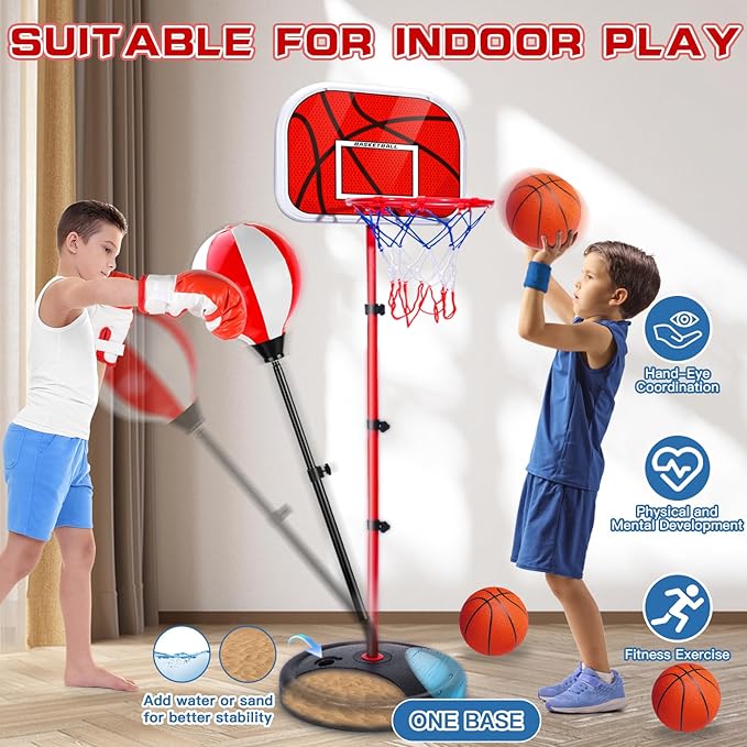 2 in 1 Adjustable Kids Basketball Hoop and Punching Bag with Stand for Kids, Toys Gifts for Boys Age 3 4 5 6 7 8 9 10+, Toddler Basketball Hoop and Boxing Bag Set Toy for Outdoor Indoor Sports Games