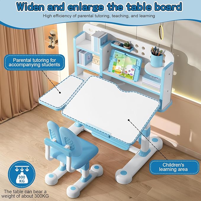 2025 Upgraded Kids Study Desk and Chair Set, 50 Degree Tiltable&Height Adjustable Kids Desk with Storage Drawers and Bookshelf (Blue-New 2)
