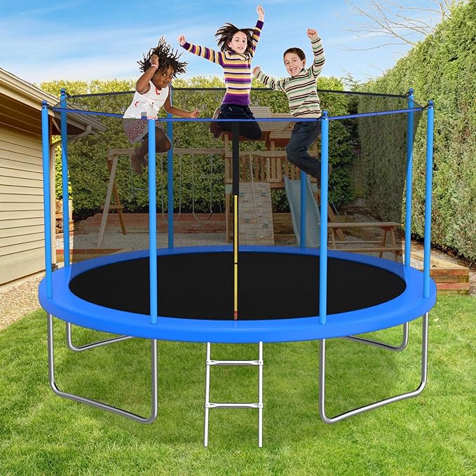 10FT/12FT/14FT Trampoline for Kids and Adults - Outdoor Trampoline with Safety Net - Anti Rust - ASTM Approved - Blue