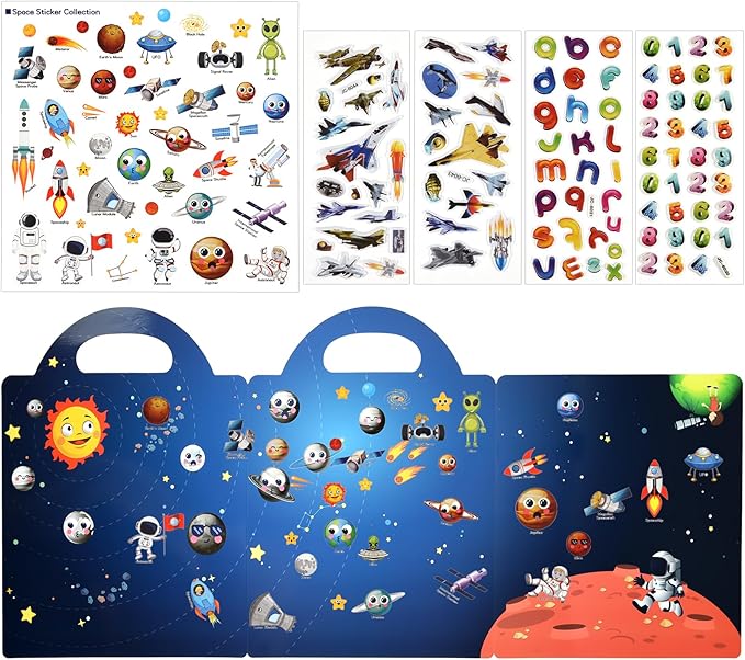 ASTARON Reusable Sticker Book for Toddlers, 88 Pcs Space Stickers Road Trip Activities Car Airplane Activities Travel Toys for Kids, Kids Quiet Time Activities (2-6 Age)