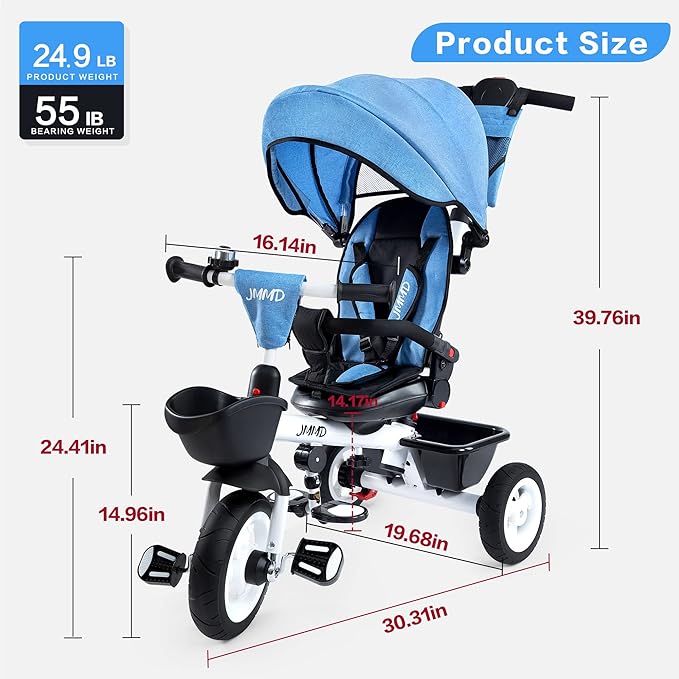 JMMD Baby Trike, 6-in-1 Kids Tricycle with Adjustable Push Handle, Removable Canopy, Safety Harness for 18 Months - 5 Year Old, Blue