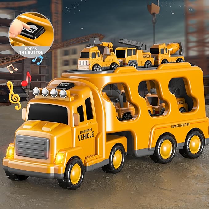 8 in 1 Construction Trucks Cars Toys for Toddlers 3-5, Boy Toddler Car Truck Toys with Playmat and Light Sound, Birthday Gifts for 3 4 5 6 Year Old Boy
