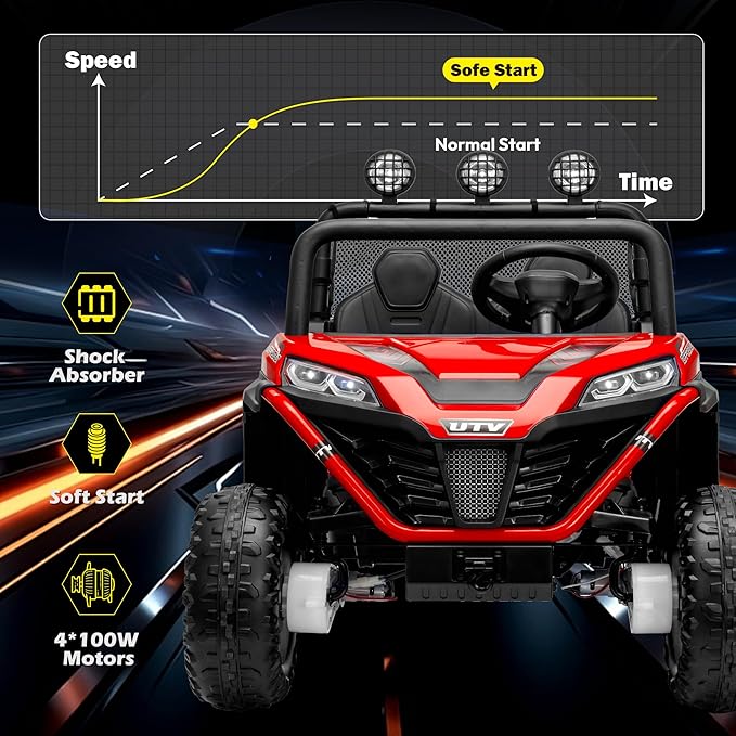 2 Seater 24V Ride On Toys for Big Kids, Electric UTV Car with Remote Control, 4-Wheeler Suspension, Side by Side Vehicle Max 110lbs, Soft Start, Bluetooth, Lights, Ride on Truck Kids 3 Years+, Red