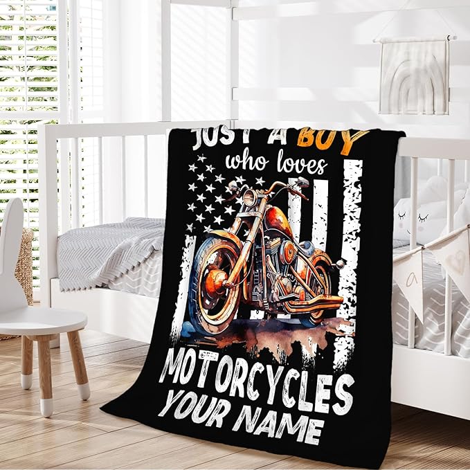 Personalized Motorcycle Gifts for Boys Men, 30x40 Inches Cool Throw Blanket for Kids Motorbike Lovers Motorcycle Riders, Custom Black Soft Blankets for Couch Sofa Bed Travel