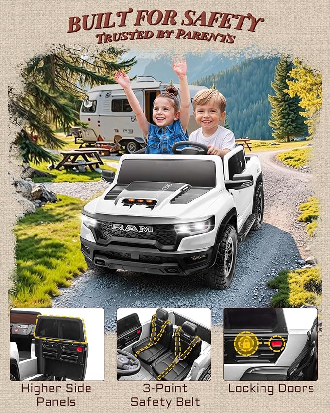 2 Seater Electric Car for Kids, Licensed RAM 1500 RHO 24V Ride on Truck w/Remote Control, Toddler Ride on Toys w/Bluetooth, LED Lights, Spacious Truck Bed, Gear Shifter & Soft Start (White)