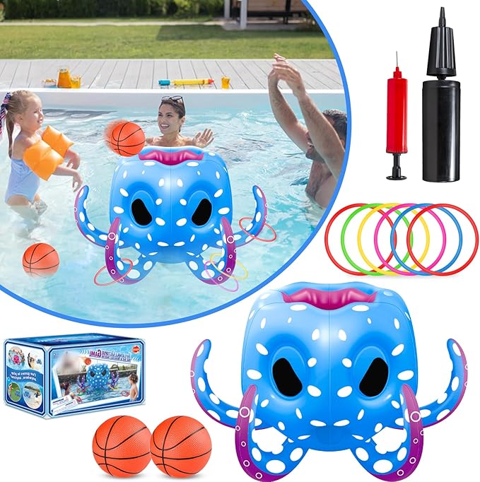 Octopus Pool Toys for Kids Ages 4-8, 2-in-1 Inflatable Pool Floats Basketball Hoop & Ring Toss Water Games for Indoor & Outdoor Pool, Beach, Backyard- Best Summer Gift for Boys Girls