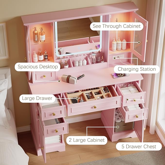 43'' Makeup Vanity with Mirror and Lights, Farmhouse Vanity Desk with Drawers & Charging Station, 3 Lighting Modes & Adjustable Brightness, Glass Cabinet, Dressing Table for Bedroom, Pink
