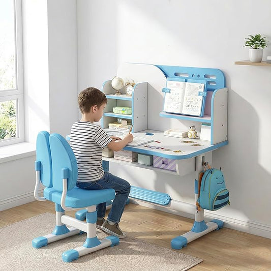 Kids Ergonomic Desk and Chair Set, Height Adjustable School Study Table with Bookshelf, Drawer and Spine Support Backrest, Kids Desk and Chair for Bedroom&Study Room (Blue)