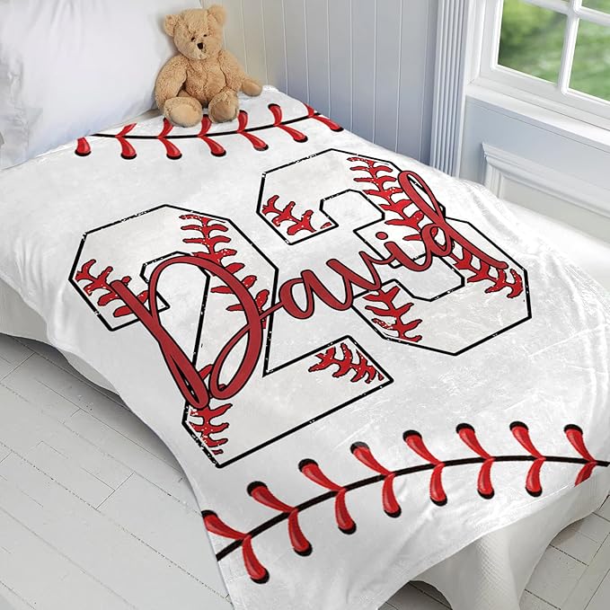 Personalized Baseball Blankets with Name Numbers, Custom Baseball Team Game Throw Flannel Blankets Stuff Gifts for Boys Sports Lover Fans Kids Adult