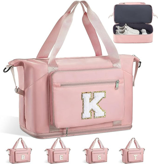 Personalized Gifts for Women Girls, Cute GYM Gymnastics Sports Workout Dance Bag with Shoe Compartment, Initial Large Duffle Carryon Bag for Traveling Essentials for Teen Tween Kids-Pink K