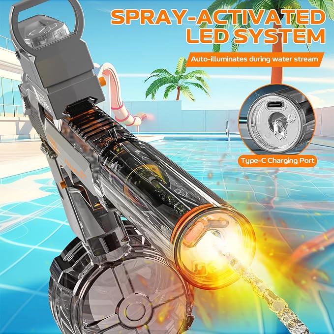 Electric Water Gun for Adults Kids, Automatic Squirt Watergun Pistol with Led Lights, Summer Outdoor Pool Beach Party Toys for Boys Girls, Black