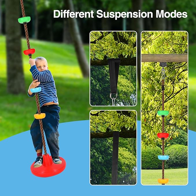 REDCAMP 2 Pack Climbing Rope Swings for Trees, Heavy Duty Plastic Disc Swing Seat for Kids with Hanging Strap and Snap Hooks, Red