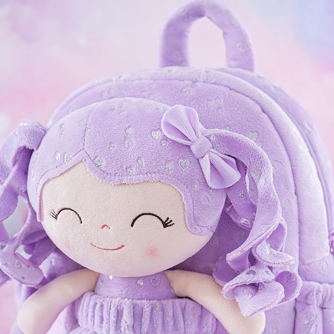 Gloveleya 11 Inches Toddler Backpack Baby Girl Gift Plush Bag Featuring Curly-Haired Doll Design with Silver Heart Accents in Soft Purple