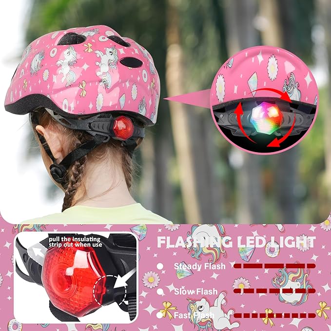 Kids Toddler Bike Helmet, Adjustable Boys Girl Helmets from Baby to Children(Age 1-8), Multi Sports for Bicycle Skate Scooter with LED Light