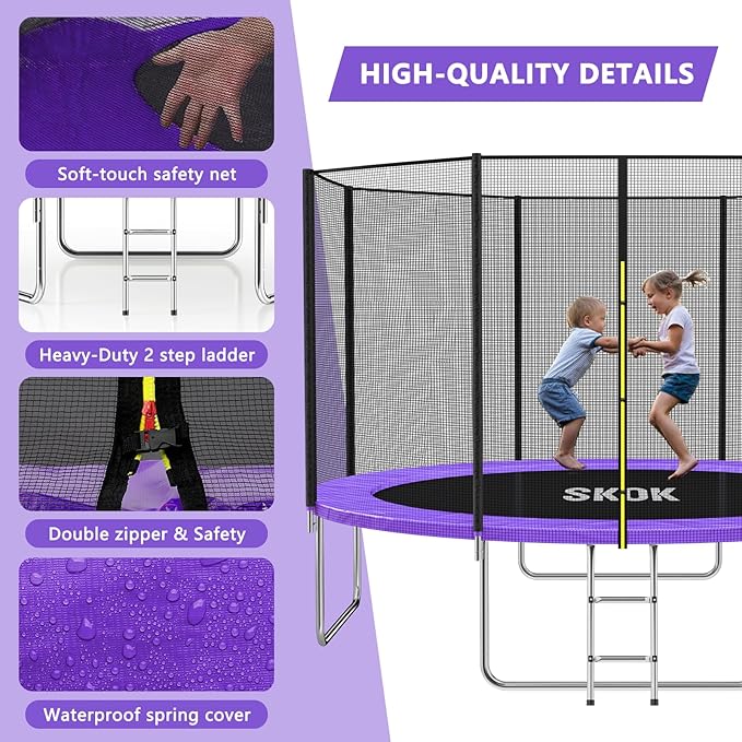 SKOK Trampoline 8FT 10FT 12FT 14FT 15FT Trampolines with Enclosure Net, 400LBS Outdoor Trampolines for Kids with Basketball Hoop-ASTM Approved Trampoline for Children and Adults with Ladder