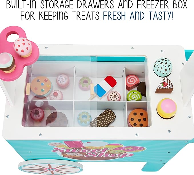 Lil’ Jumbl Wooden Sweet Treats Playset, Kids Play Pretend Dessert Stand Push Cart w/ 20+ Ice Cream Cone, Popsicle & Cupcake Accessories, Food Displays, Awning, Freezer, Storage Drawers, Clock & Menus