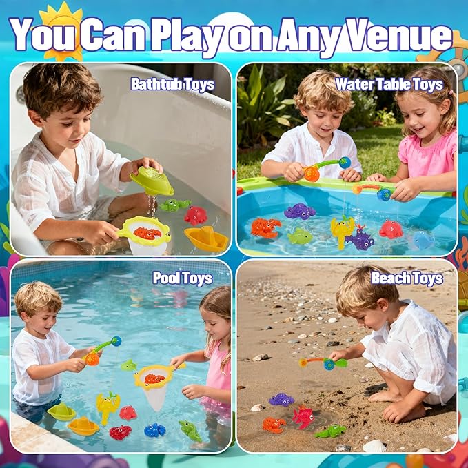 Bath Toys Fishing Toys Game for Kids Ages 1-3, 22 PCS | Mold-Free Toddler Bath Toys with Fishing Pole Rod Net Floating Fish & Storage Bag, No Hole Bathtub Toys, Outdoor Water Toys for Kids Ages 4-8