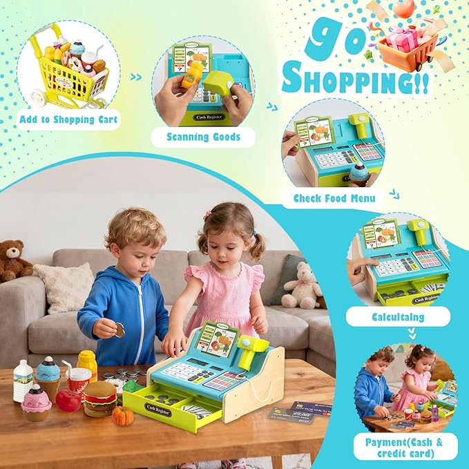 Wooden Cash Register for Kids with Shopping Cart Rechargeable Kid Cash Register with Scanner Gift for Kid Age 3 4 5 6 7 8 9 Year Old Pretend Play for Toddlers Toys for 3-12 Year Old Kids