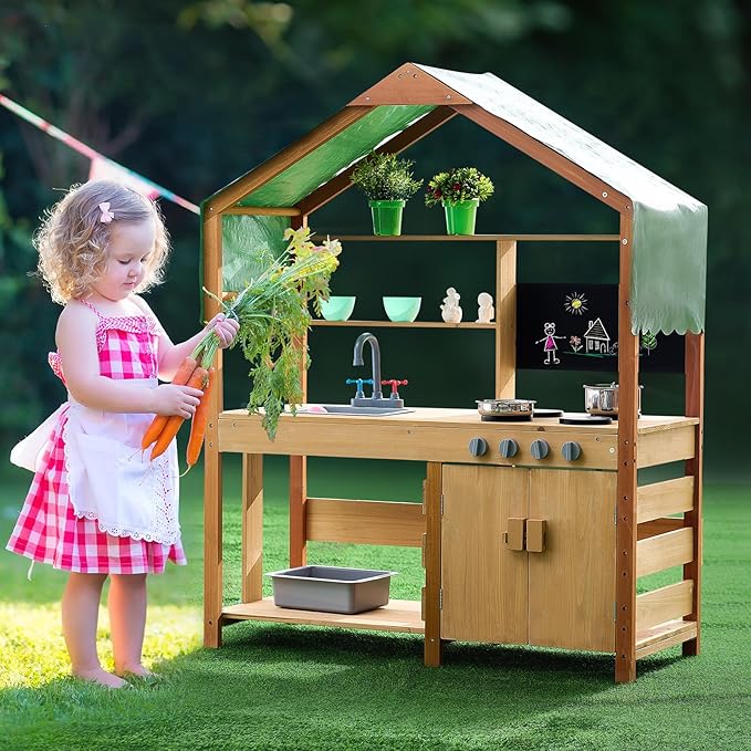 VEVOR Mud Kitchen with Canopy, Fir Wood Play Kitchen for Toddlers with Accessories, Mud Kitchen for Kids Outdoor Backyard with Stoves, Planter Boxes, 2 Sink, Faucet, Blackboard, Cookware Pot