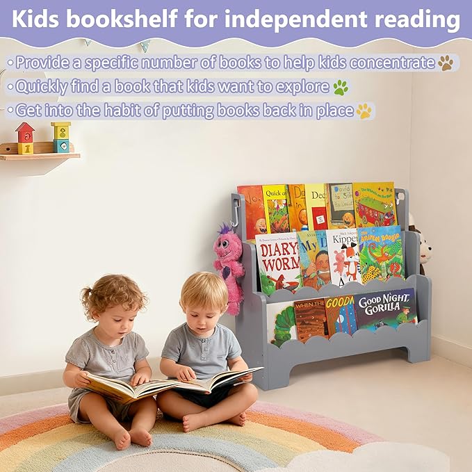 Kids Bookshelf Wooden 3-Tier, Scalloped Book Shelf for Kids Rooms, Front Facing Toddler Montessori Bookshelf, Baby Nursery Book Shelves Kid Classroom Book Shelf Bookcase