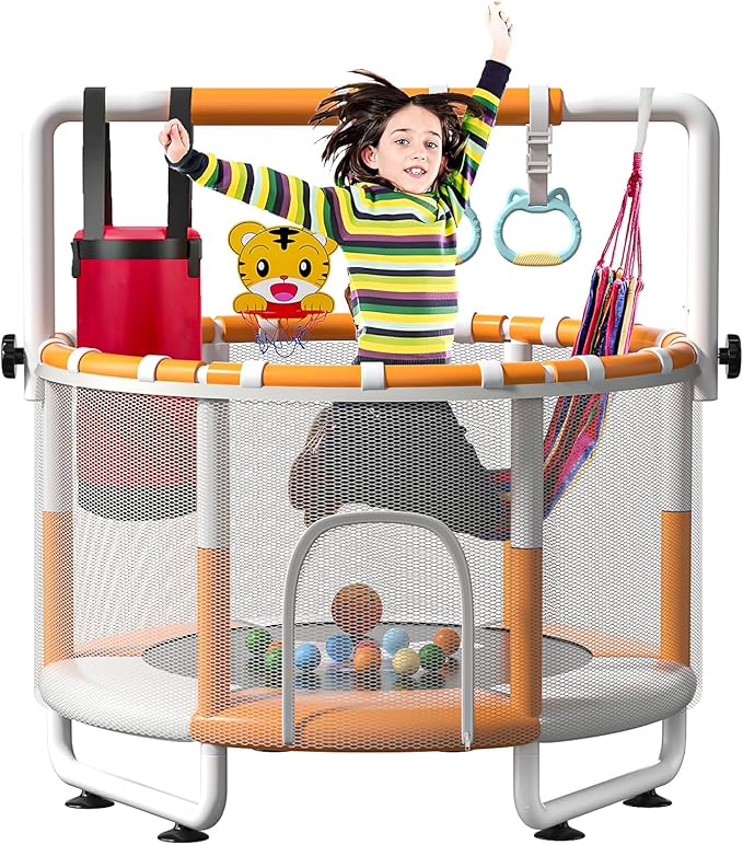 55" Kids Indoor Trampoline with Safety Net, Adjustable Gymnastics Bar & Toys – Indoor/Outdoor Toddler Play Gym for Boys & Girls Ages 3+, Birthday Gifts (White (Powder-Coated))