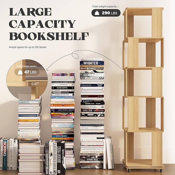 5 Tier Solid Wood Rotating Bookshelf Tower on Wheels, 360° Upgrade Spinning Book Shelf, Revolving Bookcase Organizer, Swivel Bookshelves for Small Spaces, Corner, Bedroom, Kids Room, Office (Natural)