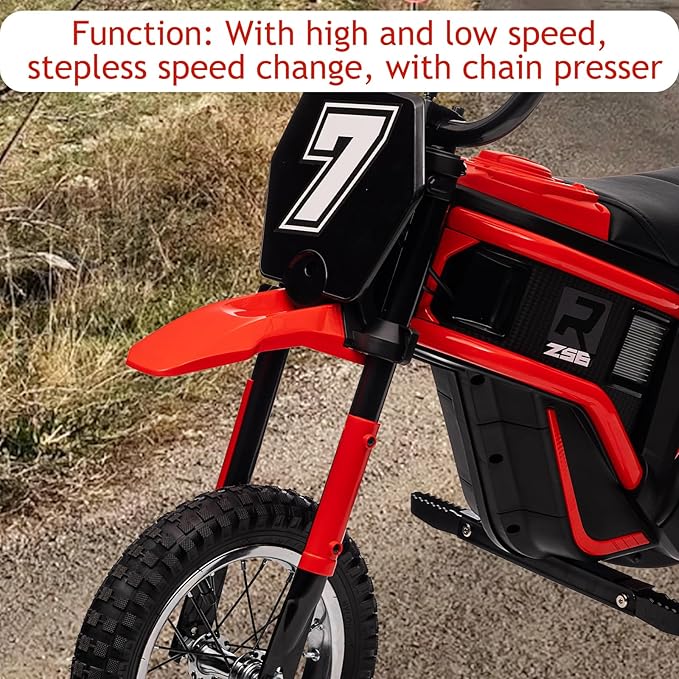 GarveeHome 350w Electric Dirt Bike for Kids Ages 3-10, 24v Motorcycle Up to 14.29MPH, 3-Speed Modes & Metal Suspension, Max 135 Lbs with LED Lights & Music, Off-Road Motorcycle for Boys Girls, Red