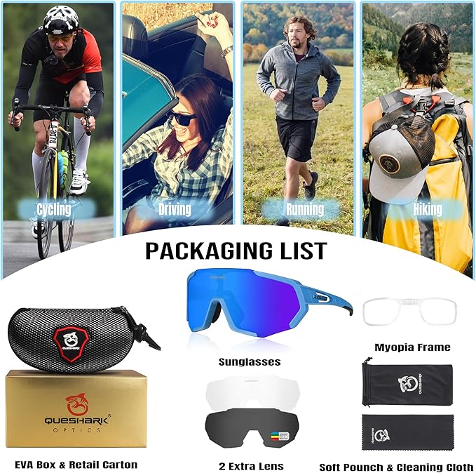Queshark Cycling Glasses, Sports Sunglasses for Men Women, 1 Polarized 2 HD Lens, Polarized Sunglasses for Cycling Running
