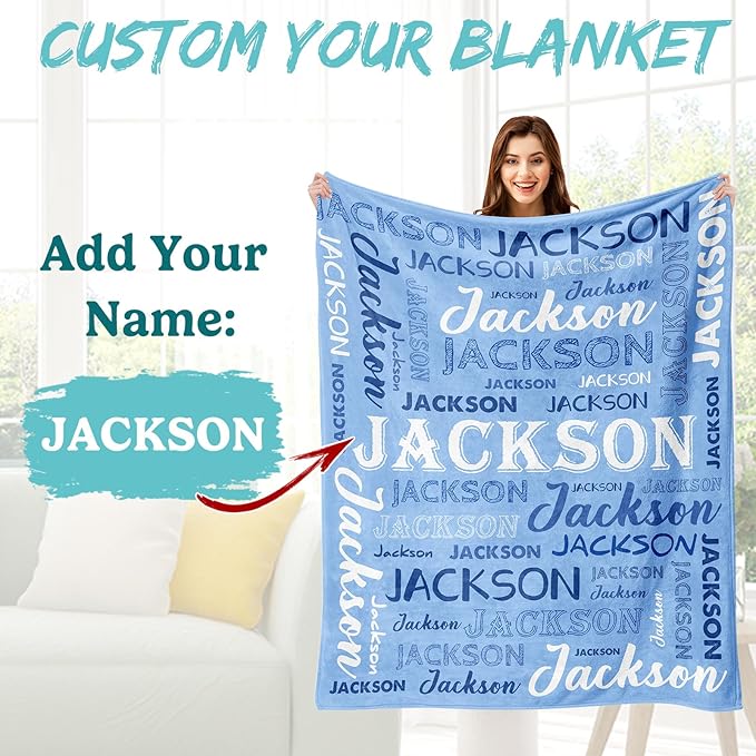 Ship Next Day, Personalized Baby Blanket with Name - Printed in USA, Custom Name Blanket for Boys Girls Kids, Customized Flannel Blankets Gifts for Teen Shower Toddlers Christmas Brithday