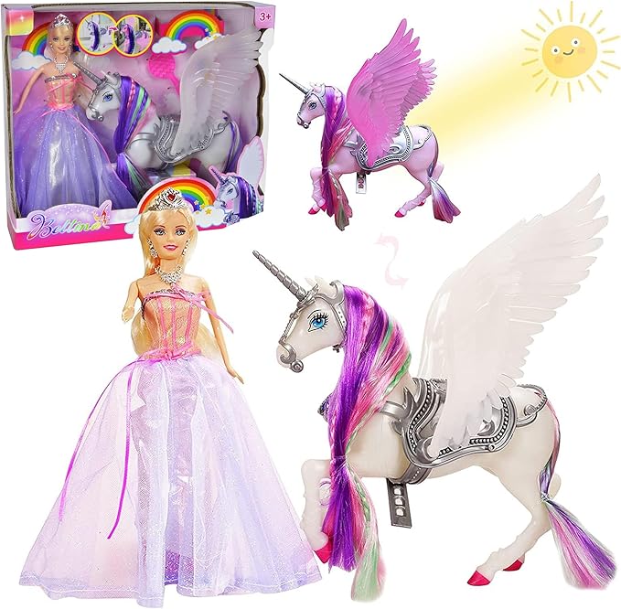 BETTINA Color Change Unicorn and Fairy Tale Princess Doll, W/Mane Brush, Girls' Unicorn Doll Toys Gifts, Presents for Girl Kids Aged 3+, Rainbow Braided Hair Horse Princess
