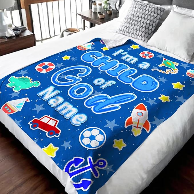 Personalized Blanket for Boys, Christian Throw Blanket Gifts for Kids Teens, 50"x60" Blue Cute Custom Flannel Blankets for Boys Age 8-10 Lightweight Throws for Couch Sofa Bed Decor, Christian Gift