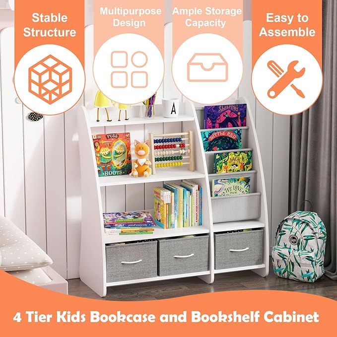 White Kids Bookshelf Wood Toy Storage Organizer Cabinet Children Bookcase Toddler Baby Sling Book Rack 3 Cube Bins Sail Boat Arc Shape for Playroom Bedroom Nursery Classroom