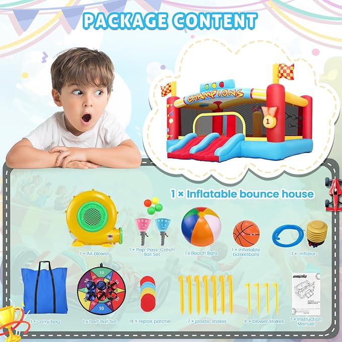 AKEYDIY Big Inflatable Bounce House for Big Kids, 13FT Outdoor Inflatable Bouncers with Blower, Double Basketball Hoop, Throw Ball Game, Punching Game, Jumping Bouncy Castle (Extra Large Bounce House)