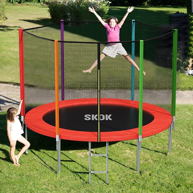 SKOK Trampoline 8FT 10FT 12FT 14FT 15FT Trampolines with Enclosure Net, 400LBS Outdoor Trampolines for Kids with Basketball Hoop-ASTM Approved Trampoline for Children and Adults with Ladder